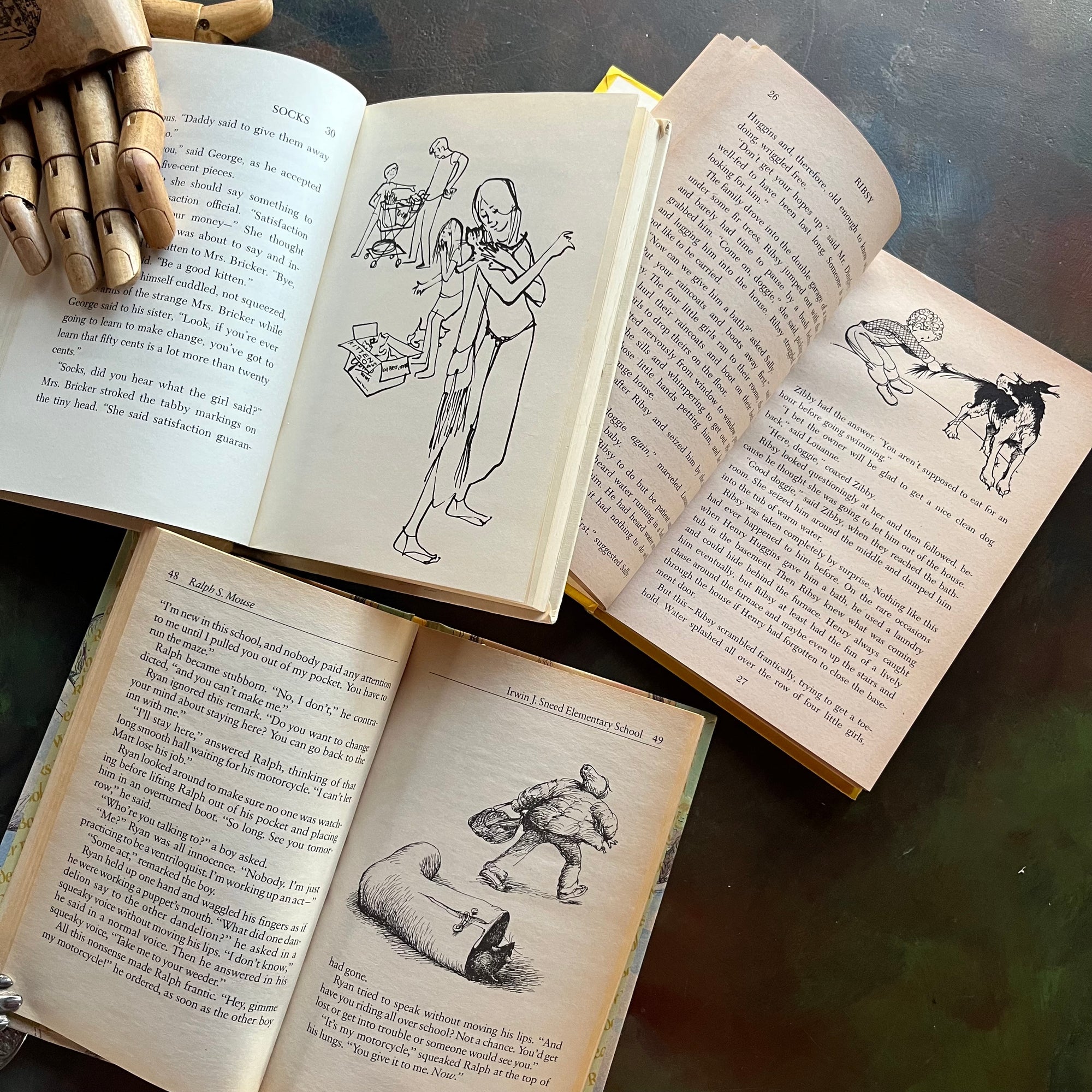 Beverly Cleary Books Set–set includes Ralph S. Mouse, Socks, and Ribsy. Vintage Children’s Early Chapter Books-read aloud favorites-view of the illustrations 