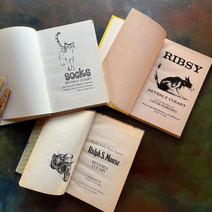 Beverly Cleary Books Set–set includes Ralph S. Mouse, Socks, and Ribsy. Vintage Children’s Early Chapter Books-read aloud favorites-view of the title pages