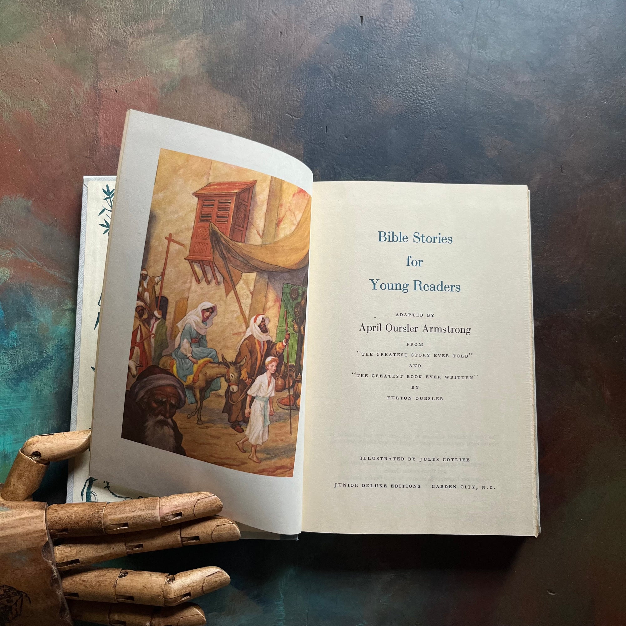 Bible Stories for Young Readers Adapted by April Oursler Armstrong-Junior Deluxe Editions Book Club Book-vintage Bible Stories for Children-view of the title page & frontispiece