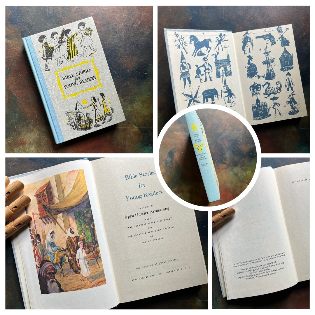 A collage of Junior Deluxe Edition books showing the cover, inside cover, spine, title page and copyright page of the book Bible Stories for Young Readers by April Oursler Armstrong - vintage children's classic literature books-collectible children's books-rainbow book spines