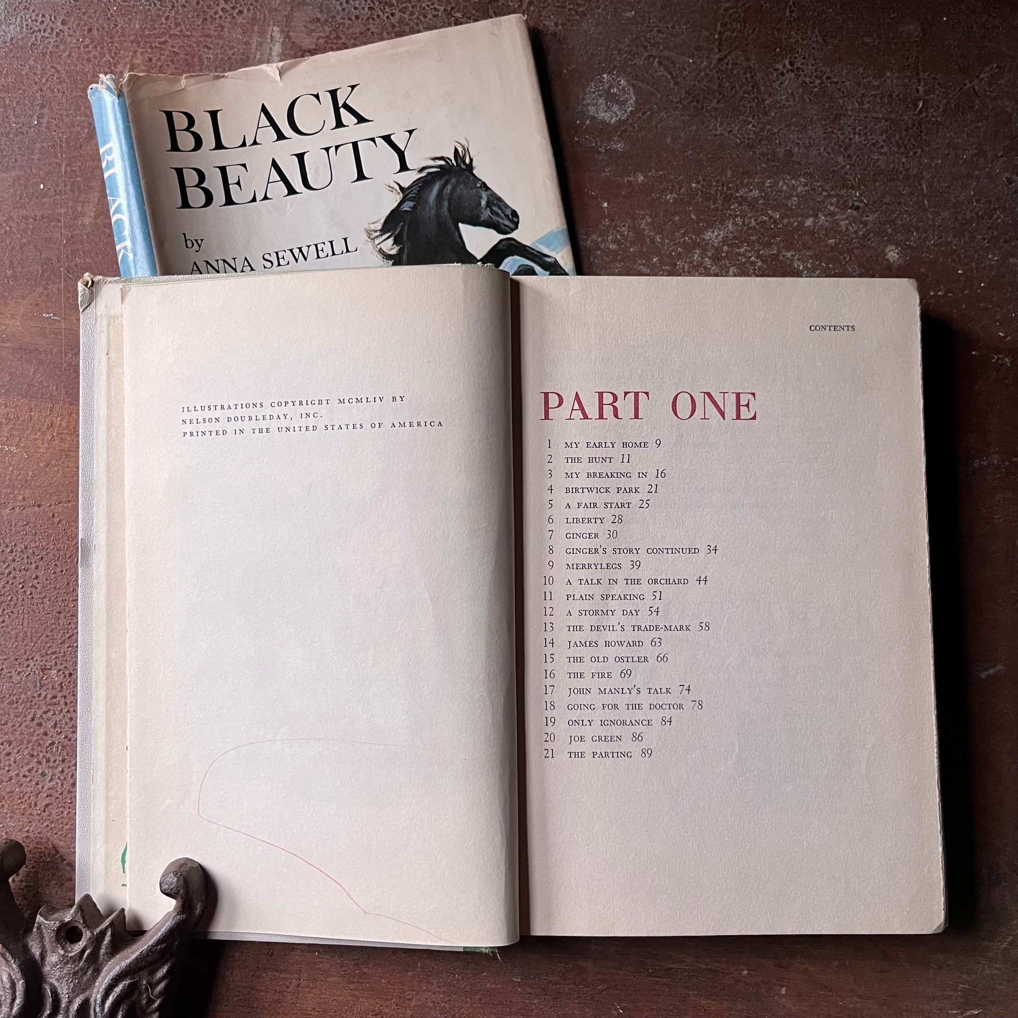 vintage children's chapter book, classic literature, horse story, Junior Deluxe Editions - Black Beauty written by Anna Sewell with illustrations by Walter Seaton - view of the copyright & Part One Content Page