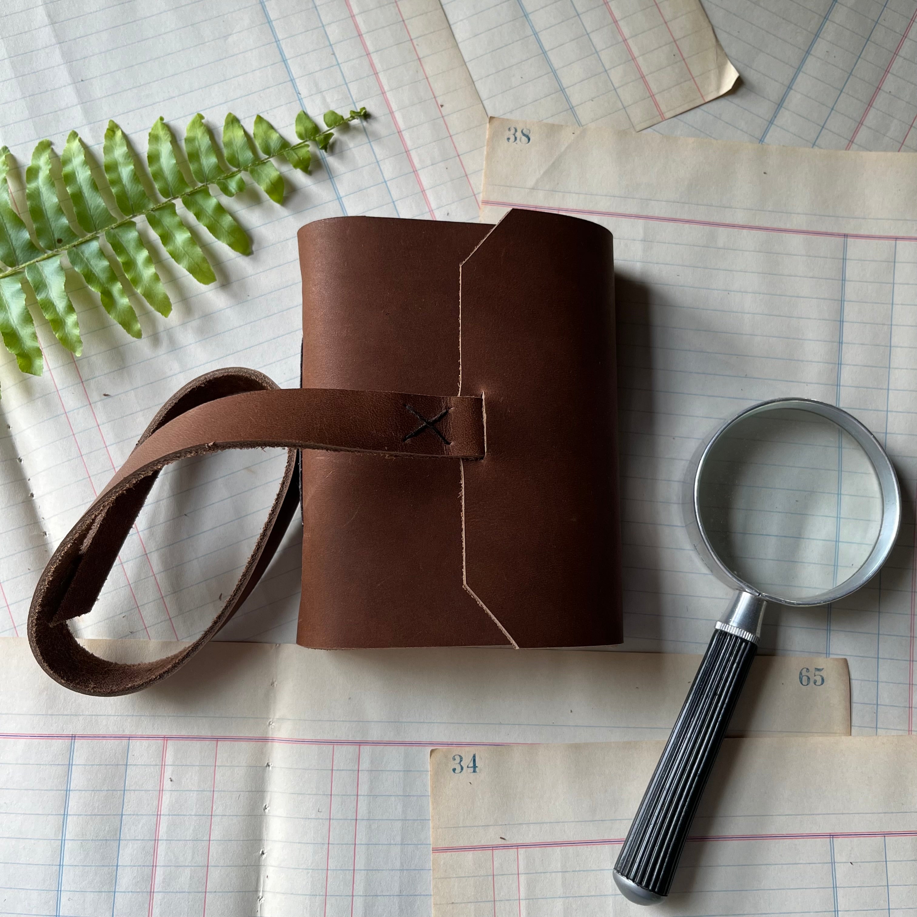 leatherbound blank journal, nature journal, art journal, gratitude journal - Blank Travel Journal with Beveled Front Cover Edge - view of the front cover with leather tie
