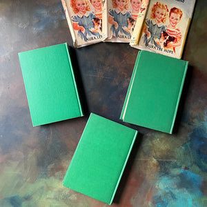 Bobbsey Twins Mysteries Green Three Book Set with Dust Jackets-Laura Lee Hope-vintage children's chapter books-young reader mysteries-view of the back covers