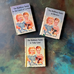 Bobbsey Twins Mysteries Green Three Book Set with Dust Jackets-Laura Lee Hope-vintage children's chapter books-young reader mysteries-view of the dust jacket's front covers