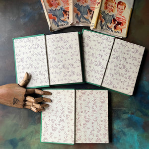 Bobbsey Twins Mysteries Green Three Book Set with Dust Jackets-Laura Lee Hope-vintage children's chapter books-young reader mysteries-view of the inside cover endpapers
