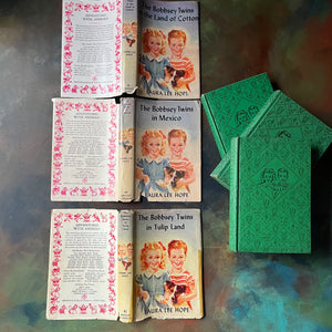 Bobbsey Twins Mysteries Green Three Book Set with Dust Jackets-Laura Lee Hope-vintage children's chapter books-young reader mysteries-view of the outside of the dust jackets