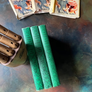 Bobbsey Twins Mysteries Green Three Book Set with Dust Jackets-Laura Lee Hope-vintage children's chapter books-young reader mysteries-view of the spines with the same design wrapping around from the front