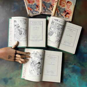 Bobbsey Twins Mysteries Green Three Book Set with Dust Jackets-Laura Lee Hope-vintage children's chapter books-young reader mysteries-view of the title pages & frontispieces