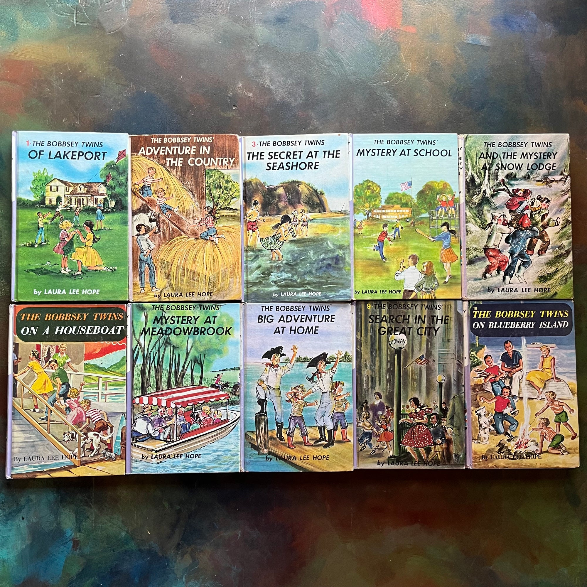 Bobbsey Twins Starter Set–First 10 Books -Vintage 1950s–1960s Purple Cover Editions-children's mysteries-early chapter books-view of the front covers