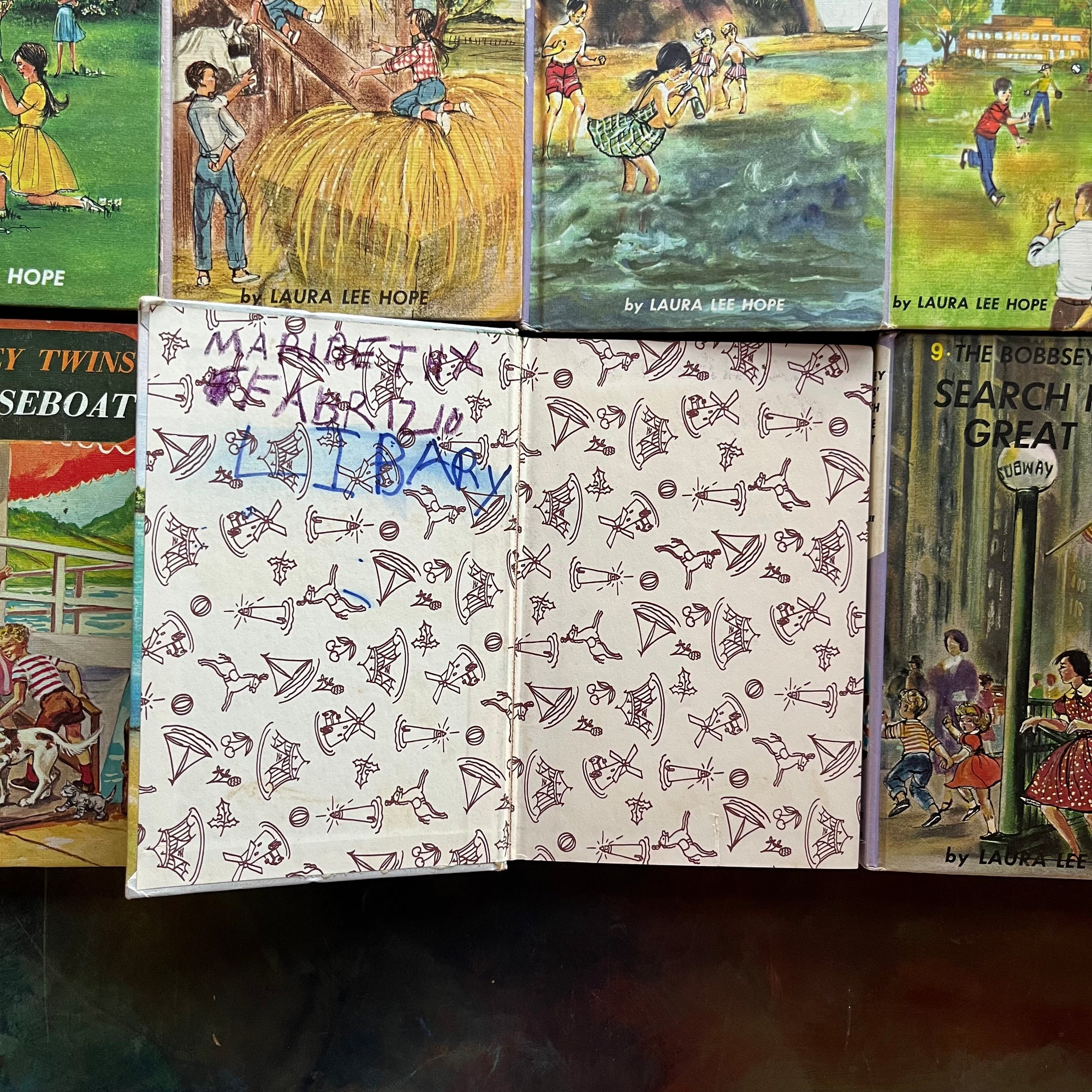 Bobbsey Twins Starter Set–First 10 Books -Vintage 1950s–1960s Purple Cover Editions-children's mysteries-early chapter books-view of the inside covers