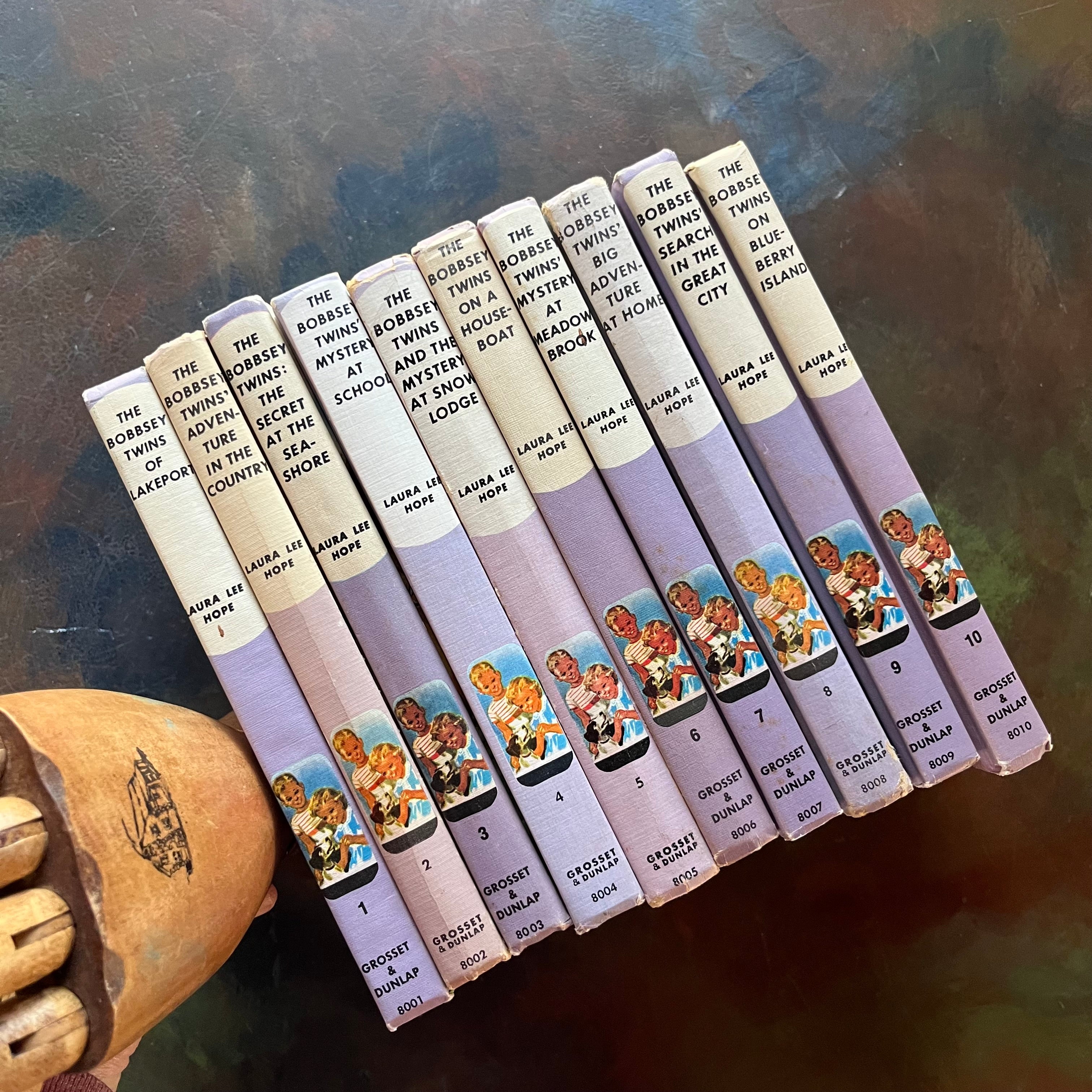 Bobbsey Twins Starter Set–First 10 Books -Vintage 1950s–1960s Purple Cover Editions-children's mysteries-early chapter books-view of the spines