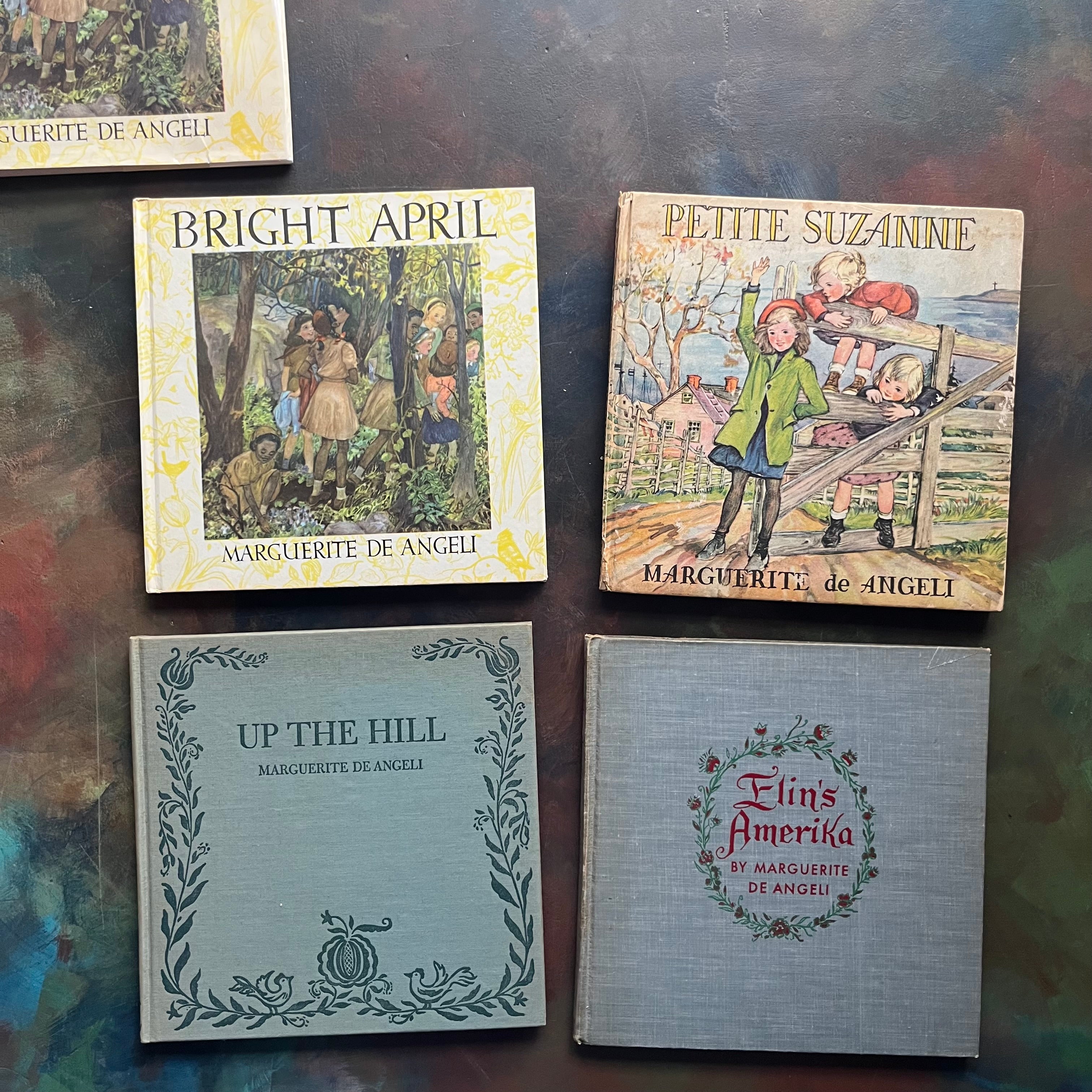 Bright April, Petite Suzanne, Up the Hill, and Elin's Amerika-Marguerite de Angeli-First Edition-vintage children's picture books-children's historical fiction-Pennsylvania history-Germantown, PA History-view of the front covers