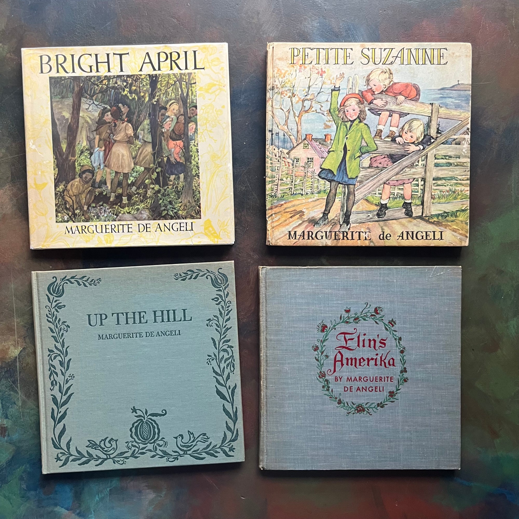 Bright April, Petite Suzanne, Up the Hill, and Elin's Amerika-Marguerite de Angeli-First Edition-vintage children's picture books-children's historical fiction-Pennsylvania history-Germantown, PA History-view of the front covers - note Bright April has its original dust jacket