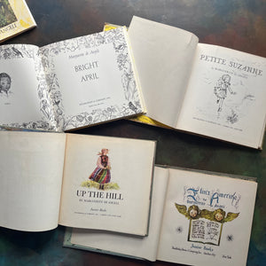 Bright April, Petite Suzanne, Up the Hill, and Elin's Amerika-Marguerite de Angeli-First Edition-vintage children's picture books-children's historical fiction-Pennsylvania history-Germantown, PA History-view of the title pages