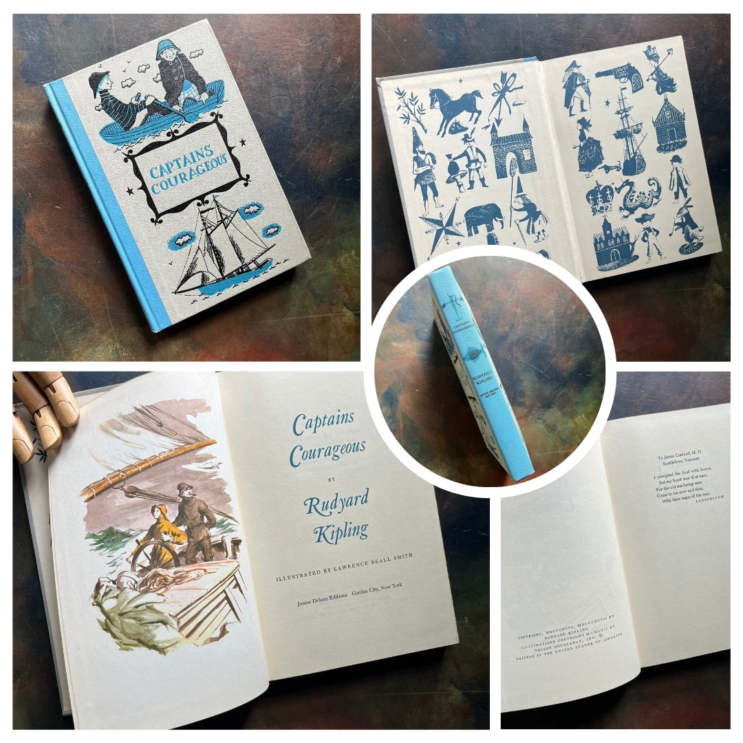 A collage of Junior Deluxe Edition books showing the cover, inside cover, spine, title page and copyright page of the book Captains Courageous written by Rudyard Kipling - vintage children's classic literature books-collectible children's books-rainbow book spines