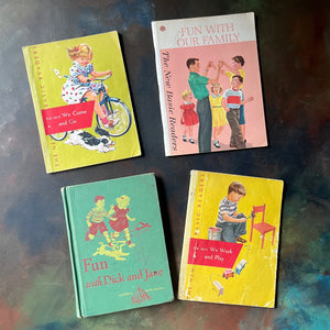 Cathedral Basic Readers Book Set-Fun with Dick & Jane-We Work & Play-We Come & Go-Fun with our Family-vintage school books-view of their bright & cheery front covers