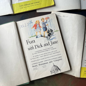 Cathedral Basic Readers Book Set-Fun with Dick & Jane-We Work & Play-We Come & Go-Fun with our Family-vintage school books-view of the title page of Fun with Dick and Jane
