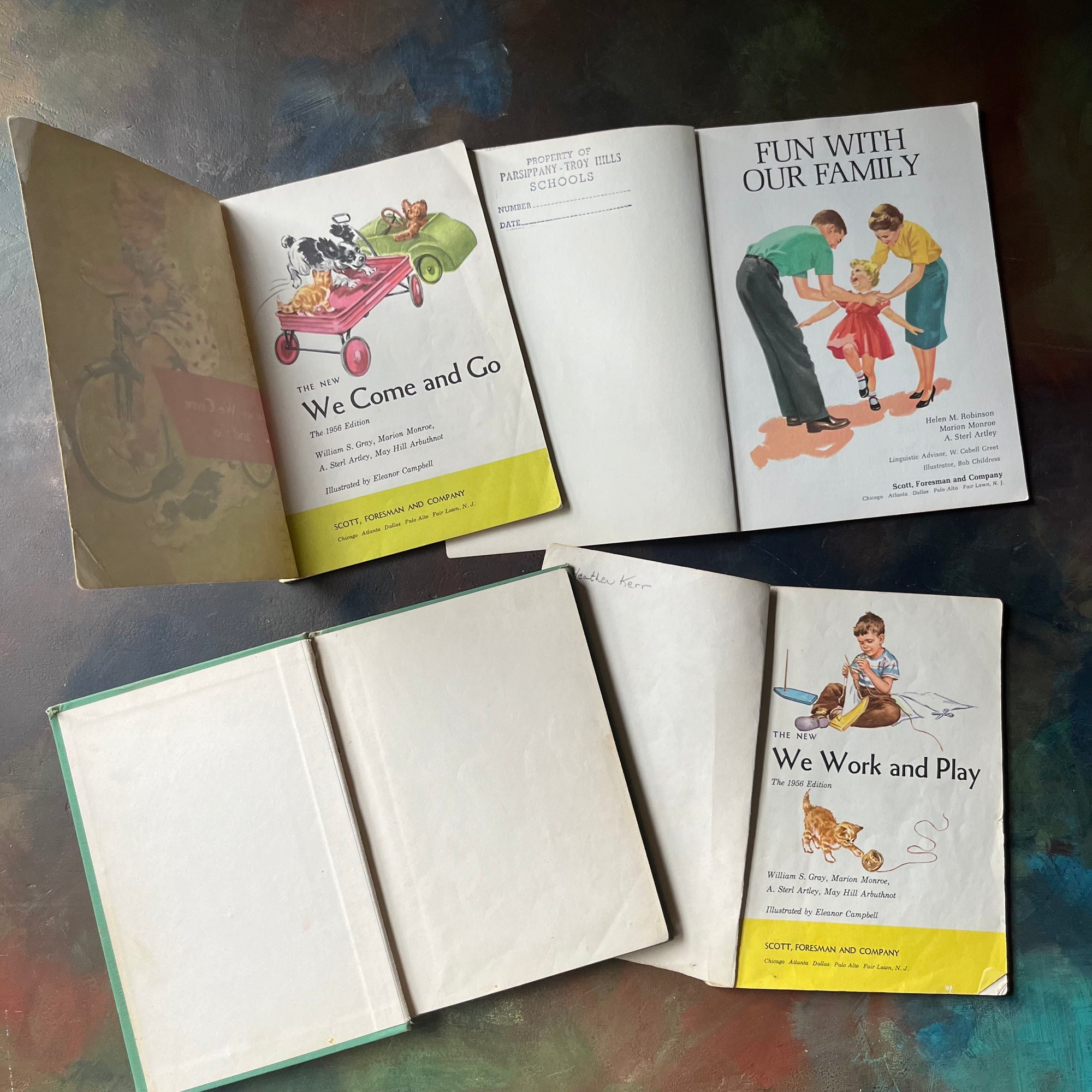 Cathedral Basic Readers Book Set-Fun with Dick & Jane-We Work & Play-We Come & Go-Fun with our Family-vintage school books-view of the inside covers