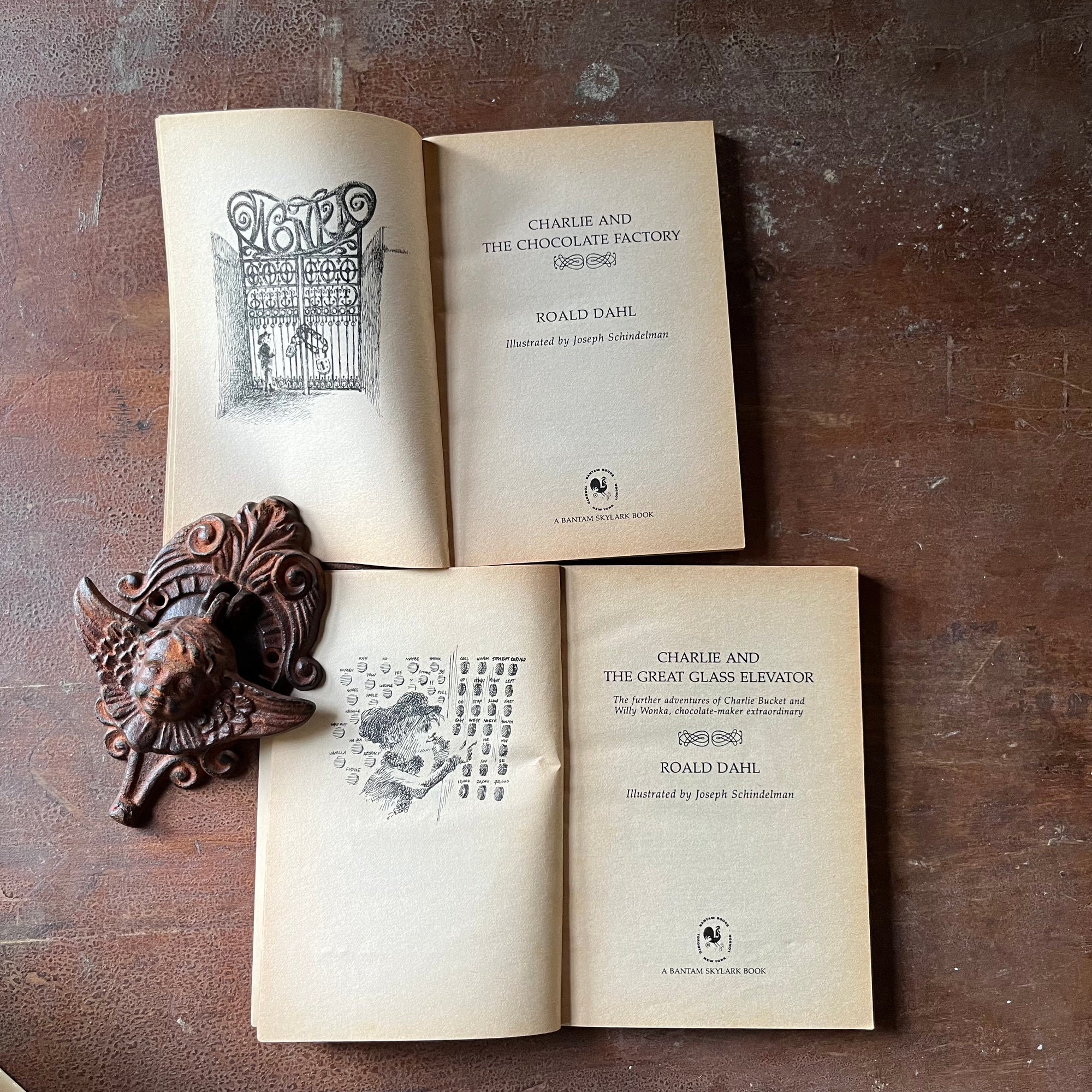 vintage children's chapter books - Charlie & The Chocolate Factory & Charlie & The Great Glass Elevator by Roald Dahl - view of the title pages