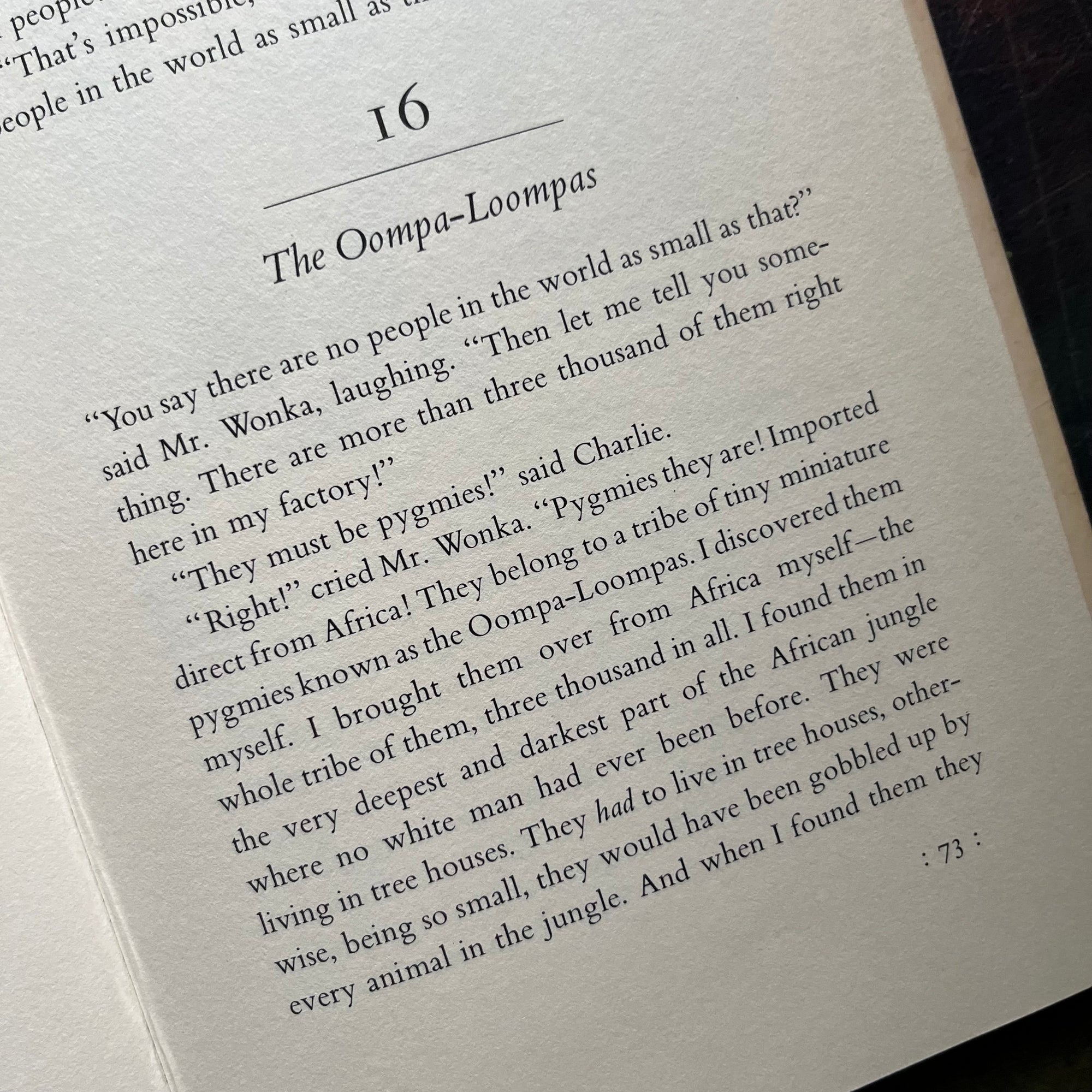 Charlie and the Chocolate Factory-Charlie and the Glass Elevator written by Roald Dahl-early editions-classic children's literature-view of the beginning of Chapter 16 discussing the Oompa-Loompa's origin