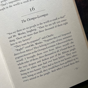 Charlie and the Chocolate Factory-Charlie and the Glass Elevator written by Roald Dahl-early editions-classic children's literature-view of the beginning of Chapter 16 discussing the Oompa-Loompa's origin