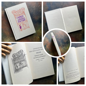 A collage of Junior Deluxe Edition books showing the cover, inside cover, spine, title page and copyright page of the book, Charlie and the Chocolate Factory written by Roald Dahl - vintage children's classic literature books-collectible children's books-rainbow book spines