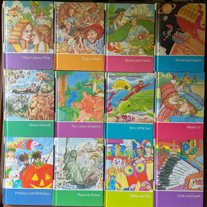 vintage children's book set, Childcraft How & Why Library 15 Volume Complete Set published by Wonder Books, Inc. - view of the front covers