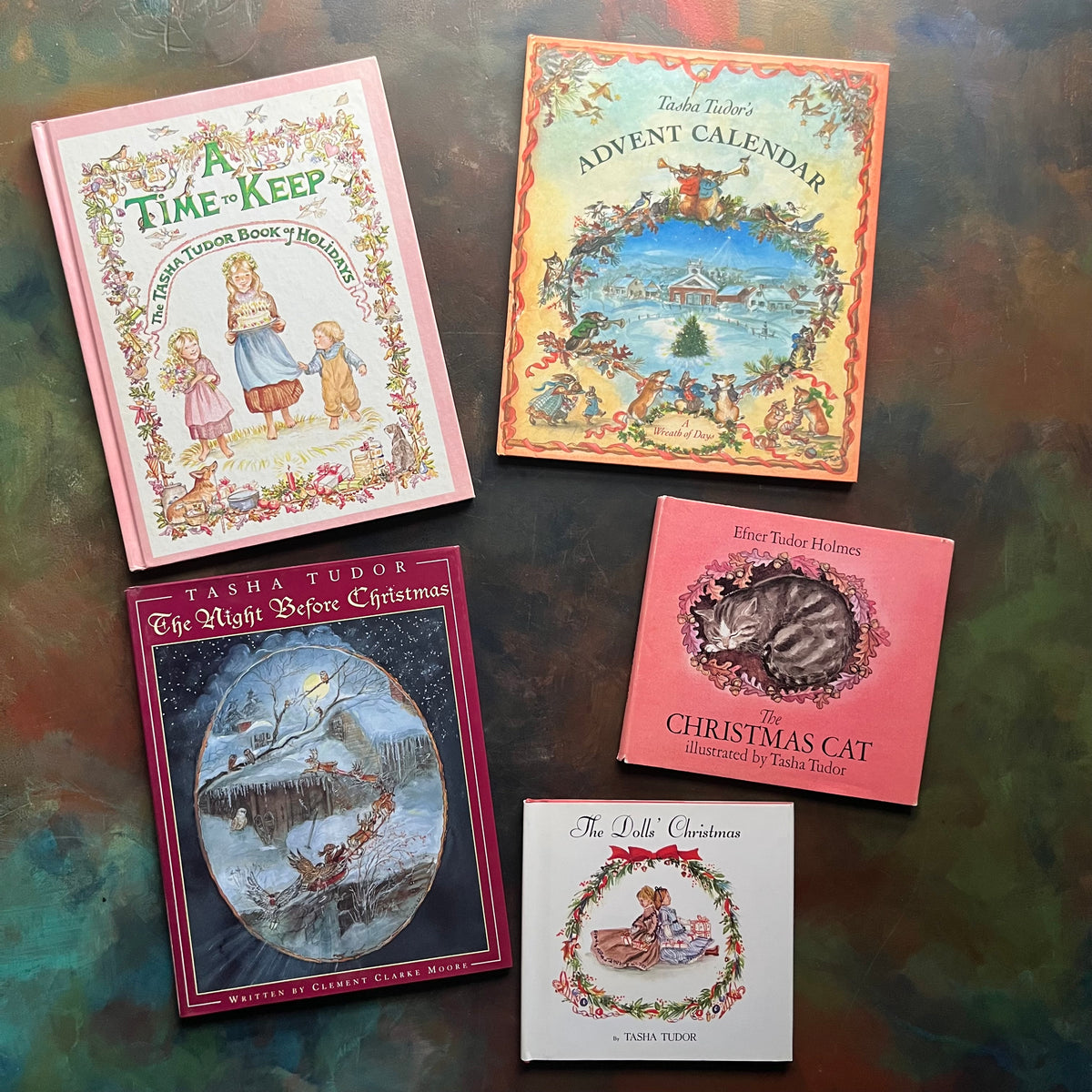 Children's Christmas Stories Illustrated by Tasha Tudor-Night Before Christmas-The Doll's Christmas-The Christmas Cat-A Time to Keep-Tasha Tudor's Advent Calendar-view of the front covers with dust jackets (3 out of the 5