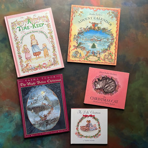 Children's Christmas Stories Illustrated by Tasha Tudor-Night Before Christmas-The Doll's Christmas-The Christmas Cat-A Time to Keep-Tasha Tudor's Advent Calendar-view of the front covers with dust jackets (3 out of the 5
