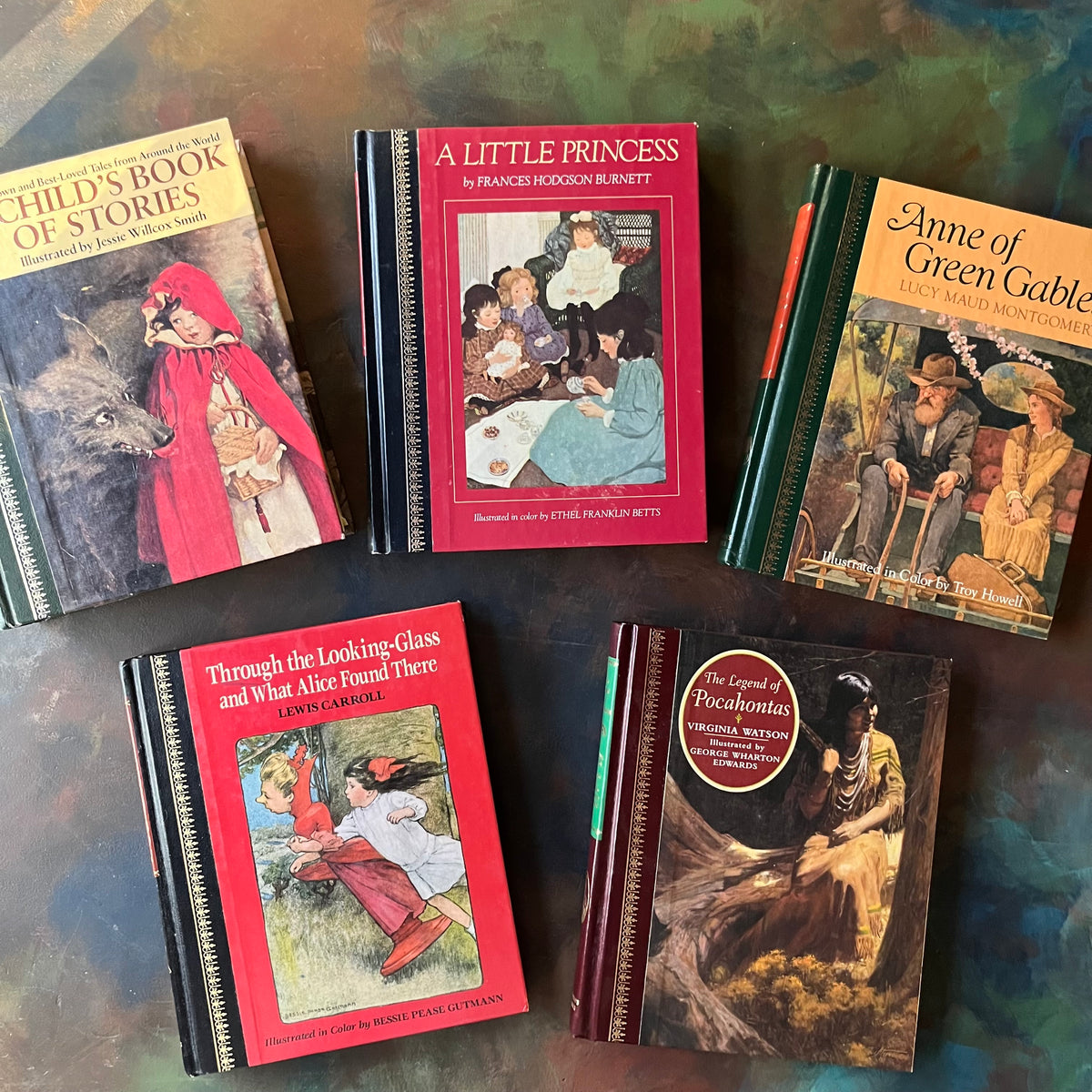 1980's The Children's Classics Editions Book Set of Five Books-The Little Princess-Through the Looking Glass and What Alice Saw There-The Legend of Pocahontas-Anne of Green Gables-The Child's Book of Stories-vintage children's classics-view of the front covers