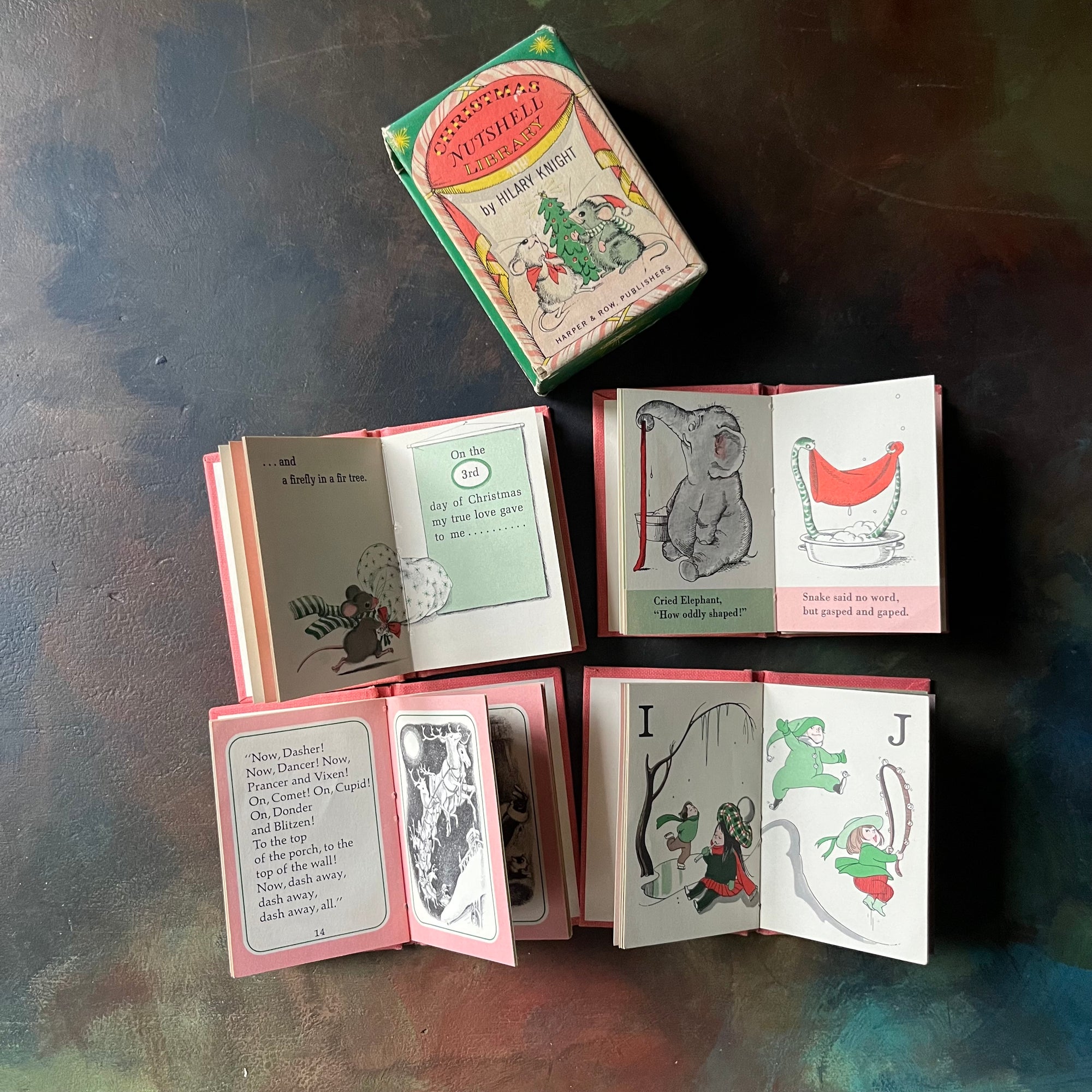 Christmas Nutshell Library By Hilary Knight-1963 Harper & Row, Publishers Edition-vintage Christmas Books-tiny books-view of the illustrations 