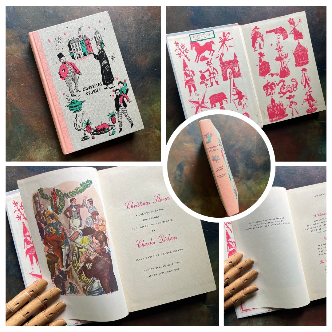 A collage of Junior Deluxe Edition books showing the cover, inside cover, spine, title page and copyright page of the book, Christmas Stories written by Charles Dickens - vintage children's classic literature books-collectible children's books-rainbow book spines