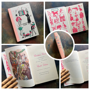 A collage of Junior Deluxe Edition books showing the cover, inside cover, spine, title page and copyright page of the book, Christmas Stories written by Charles Dickens - vintage children's classic literature books-collectible children's books-rainbow book spines