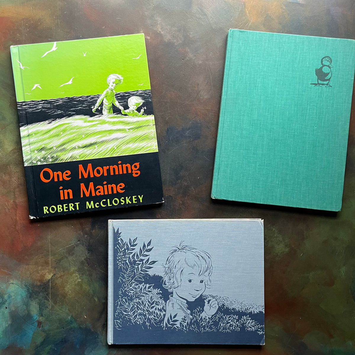 Set of Three iconic children's picture books-One Morning in Maine, Blueberries for Sal, and Make Way for Ducklings-award-winning children's picture book classics written and illustrated by Robert McCloskey-Caldecott Award Winning Books- view of the front covers