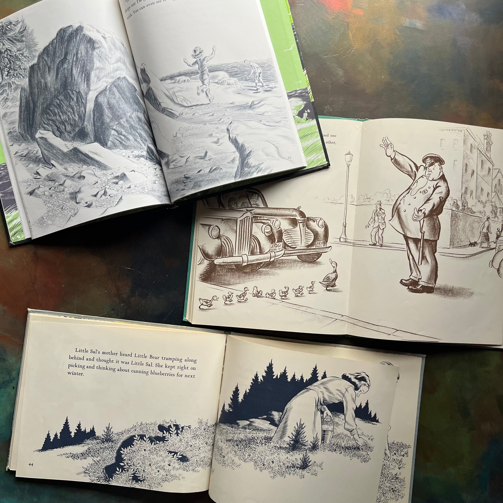 Set of Three iconic children's picture books-One Morning in Maine, Blueberries for Sal, and Make Way for Ducklings-award-winning children's picture book classics written and illustrated by Robert McCloskey-Caldecott Award Winning Books- view of the illustrations