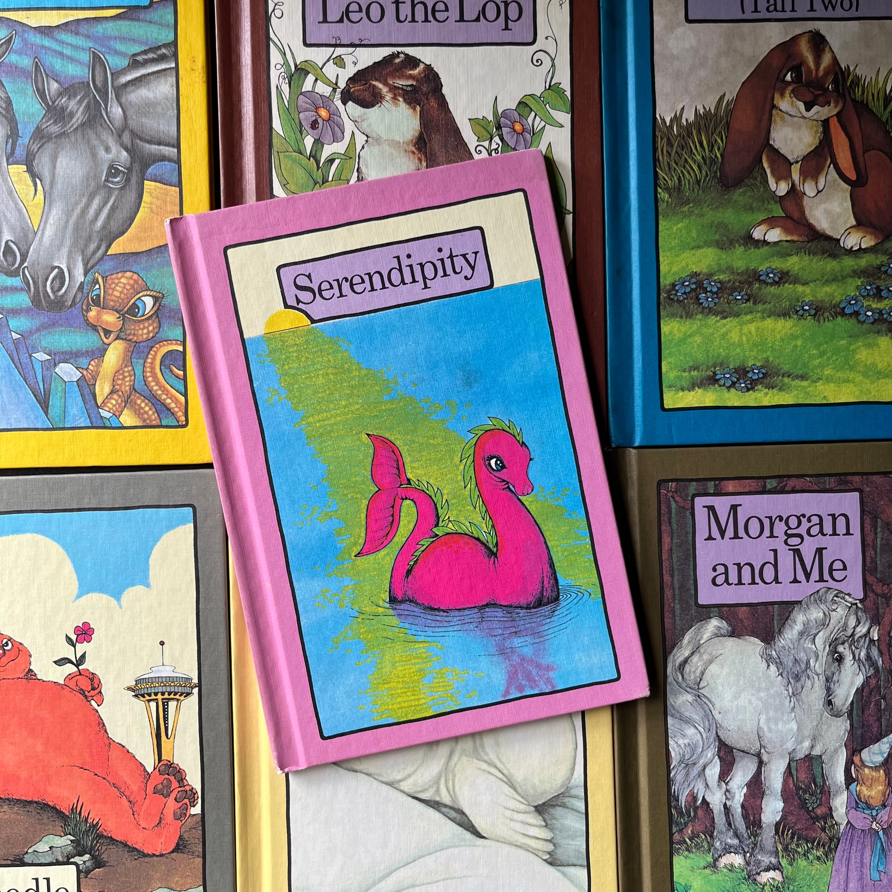Collection of 7 Serendipity books written by Stephen Cosgrove with illustrations by Robin James -1980's kid's books-view of the front covers