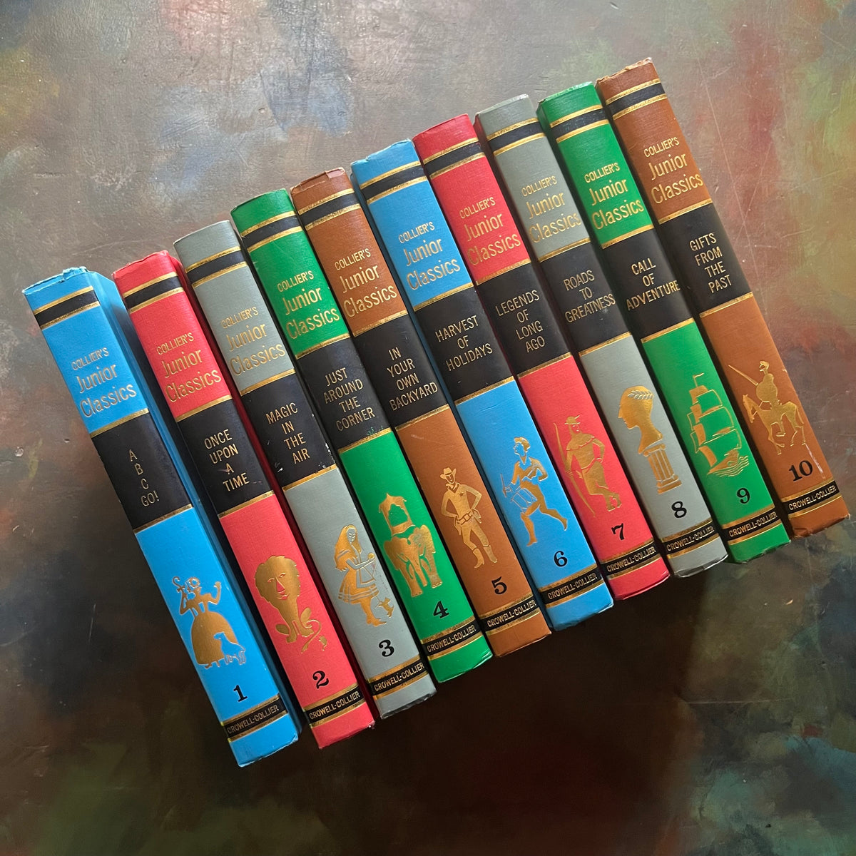 Collier's Junior Classics Complete 10 Volume Book Set-vintage children's storybooks-children's anthology of classic literature-hours of reading time-view of the colorful spines in primary colors