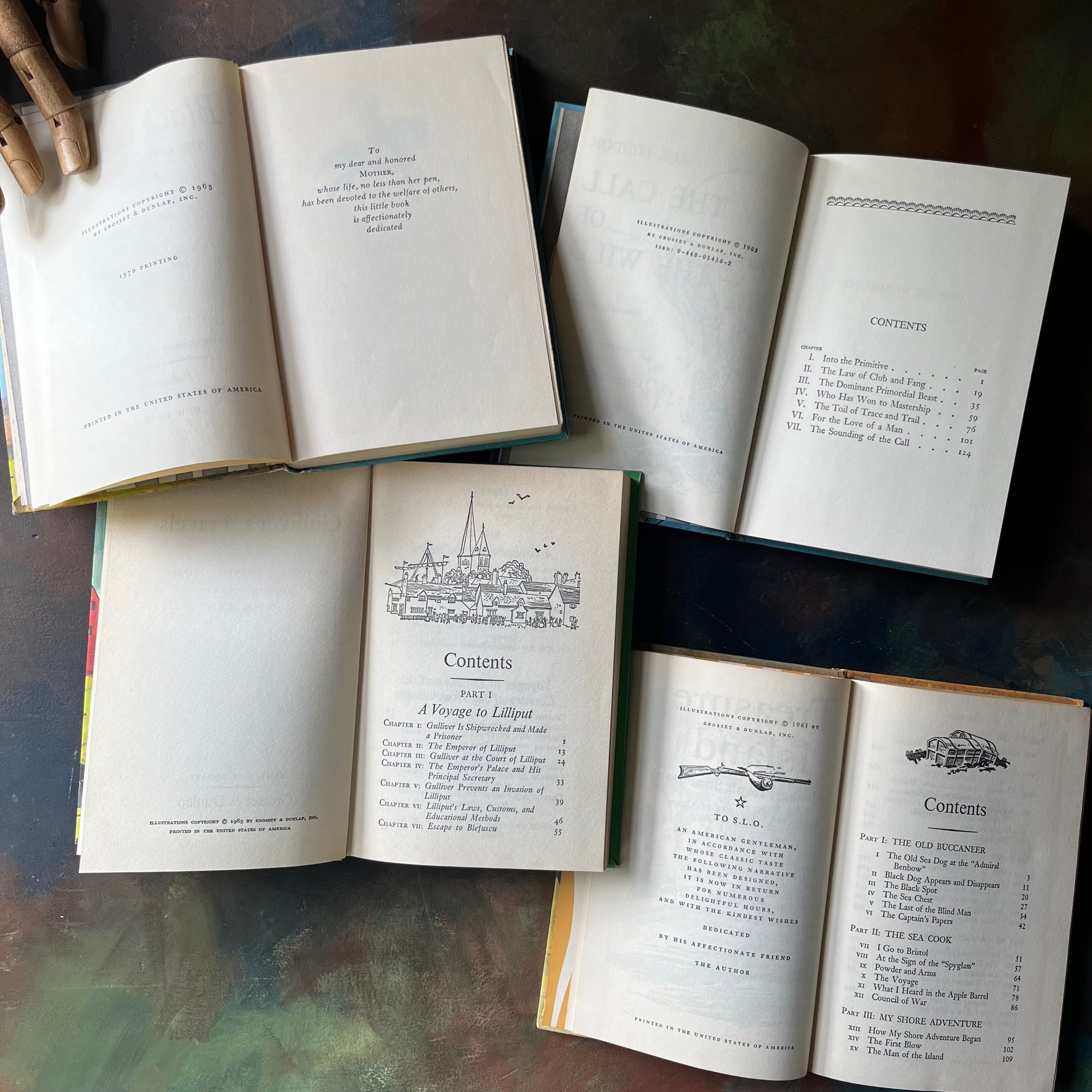 Companion Library 4 Book Set-Black Beauty, Call of the Wild, Treasure Island and Gulliver's Travels-vintage adventure books for kids-view of the copyright pages, contents & dedications