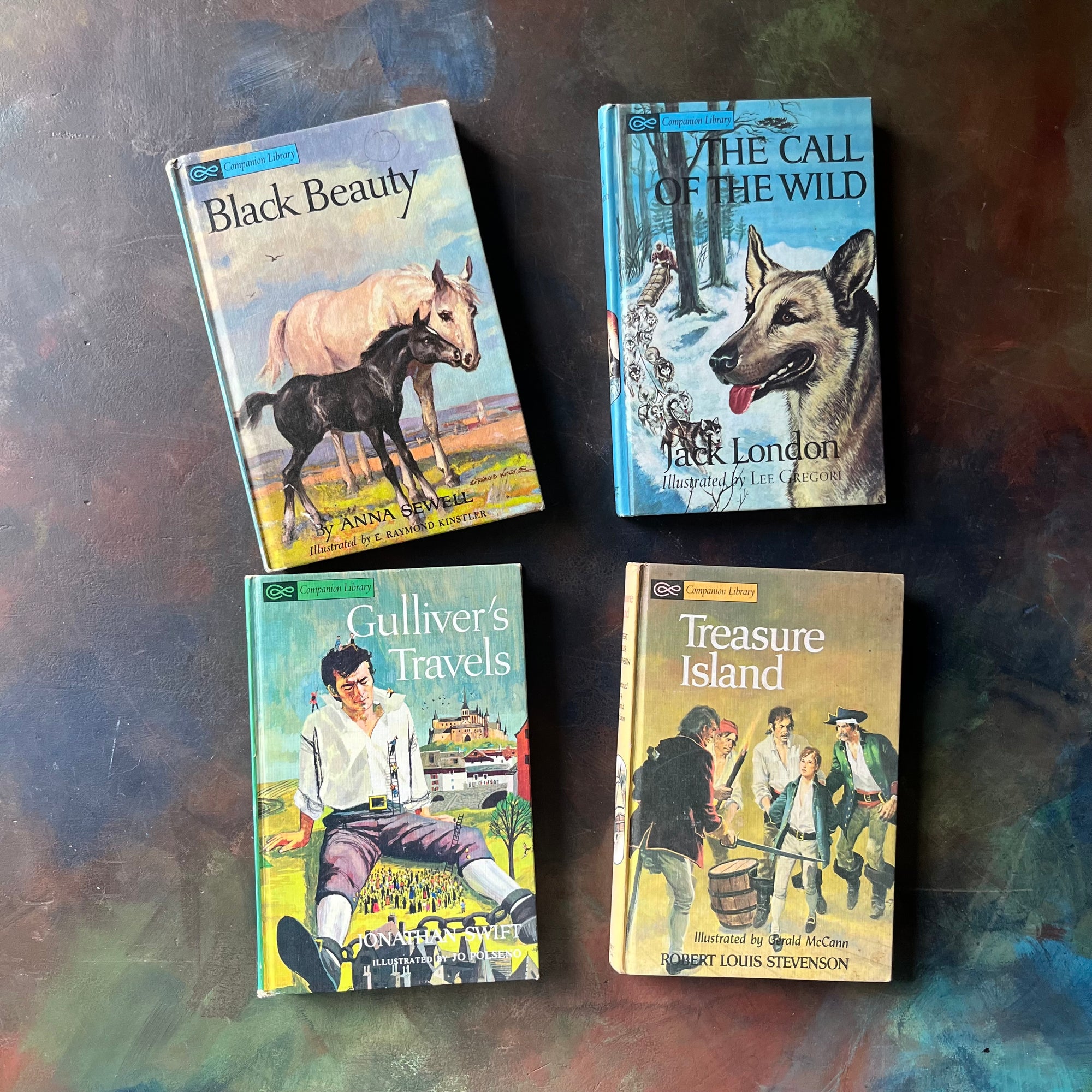 Companion Library 4 Book Set-Black Beauty, Call of the Wild, Treasure Island and Gulliver's Travels-vintage adventure books for kids-view of the front covers