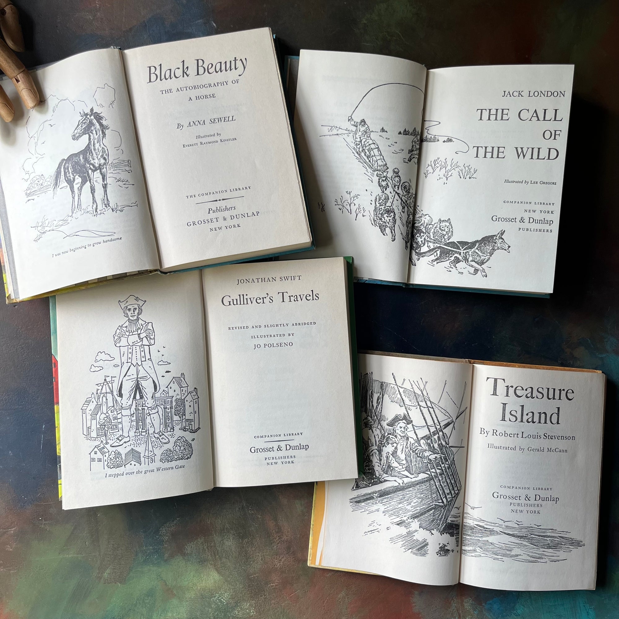 Companion Library 4 Book Set-Black Beauty, Call of the Wild, Treasure Island and Gulliver's Travels-vintage adventure books for kids-view of the title pages