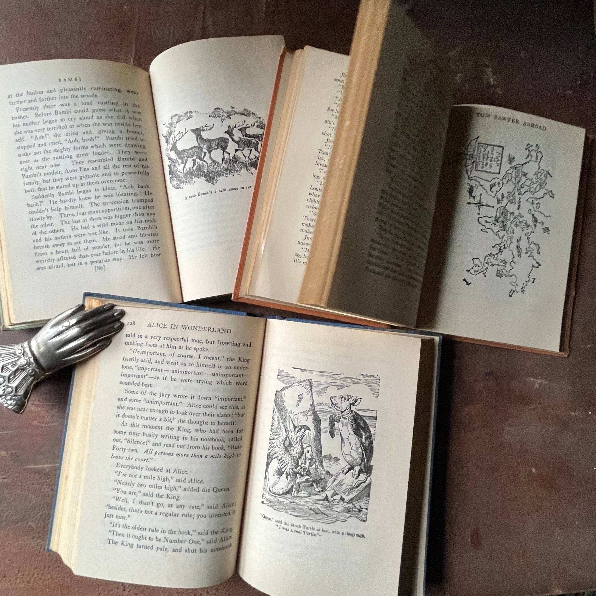 vintage collectible books, vintage children's chapter books - Companion Library Book Set-Alice in Wonderland, Bambi & The Adventures of Tom Sawyer - view of the black & white illustrations