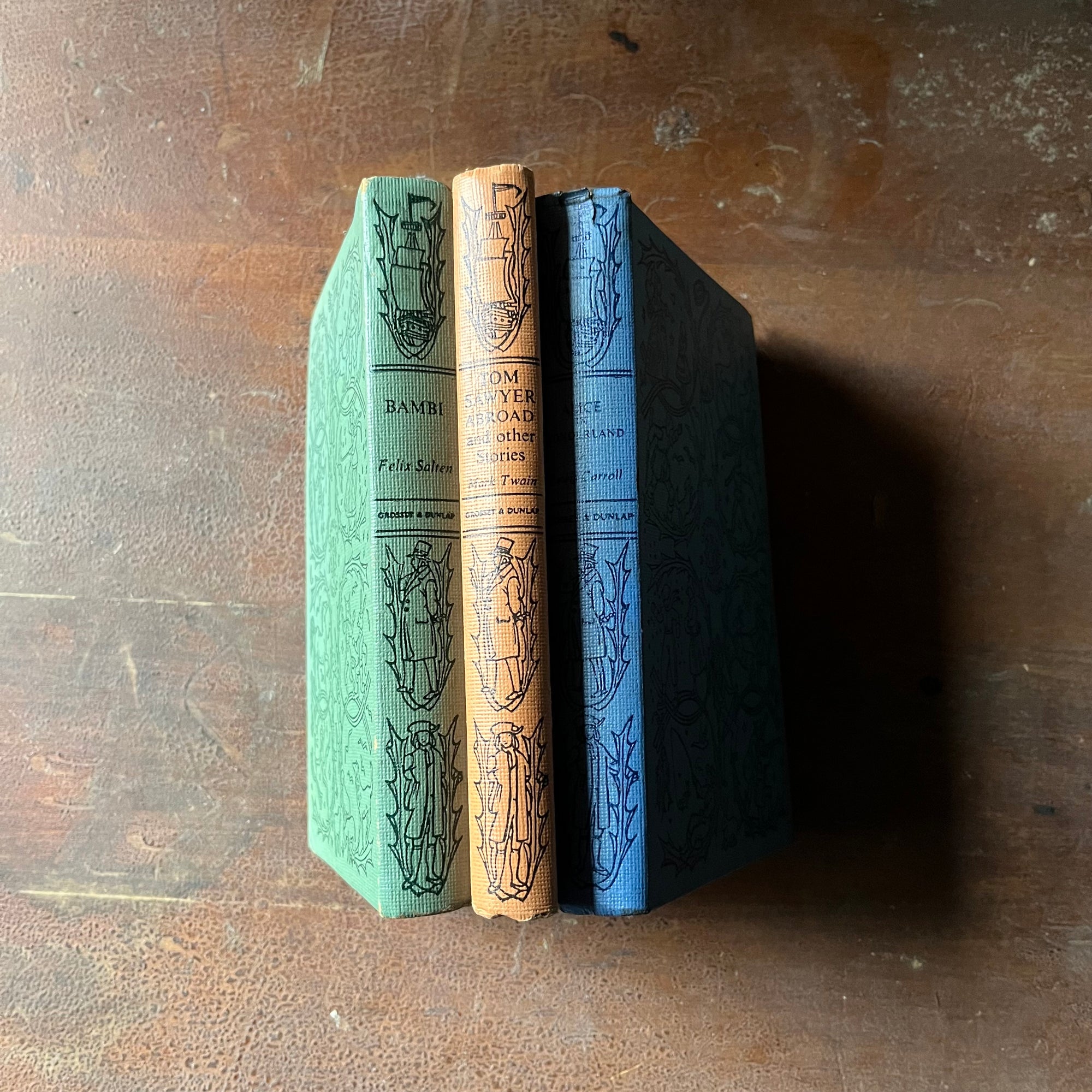 vintage collectible books, vintage children's chapter books - Companion Library Book Set-Alice in Wonderland, Bambi & The Adventures of Tom Sawyer - view of the spines