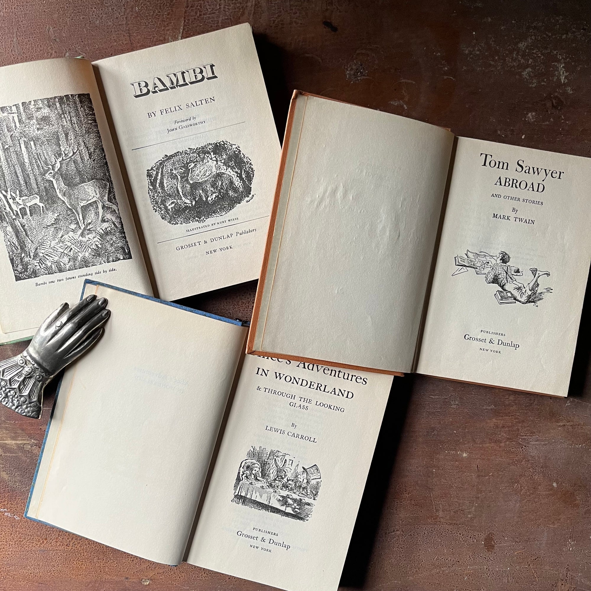 vintage collectible books, vintage children's chapter books - Companion Library Book Set-Alice in Wonderland, Bambi & The Adventures of Tom Sawyer - view of the title pages