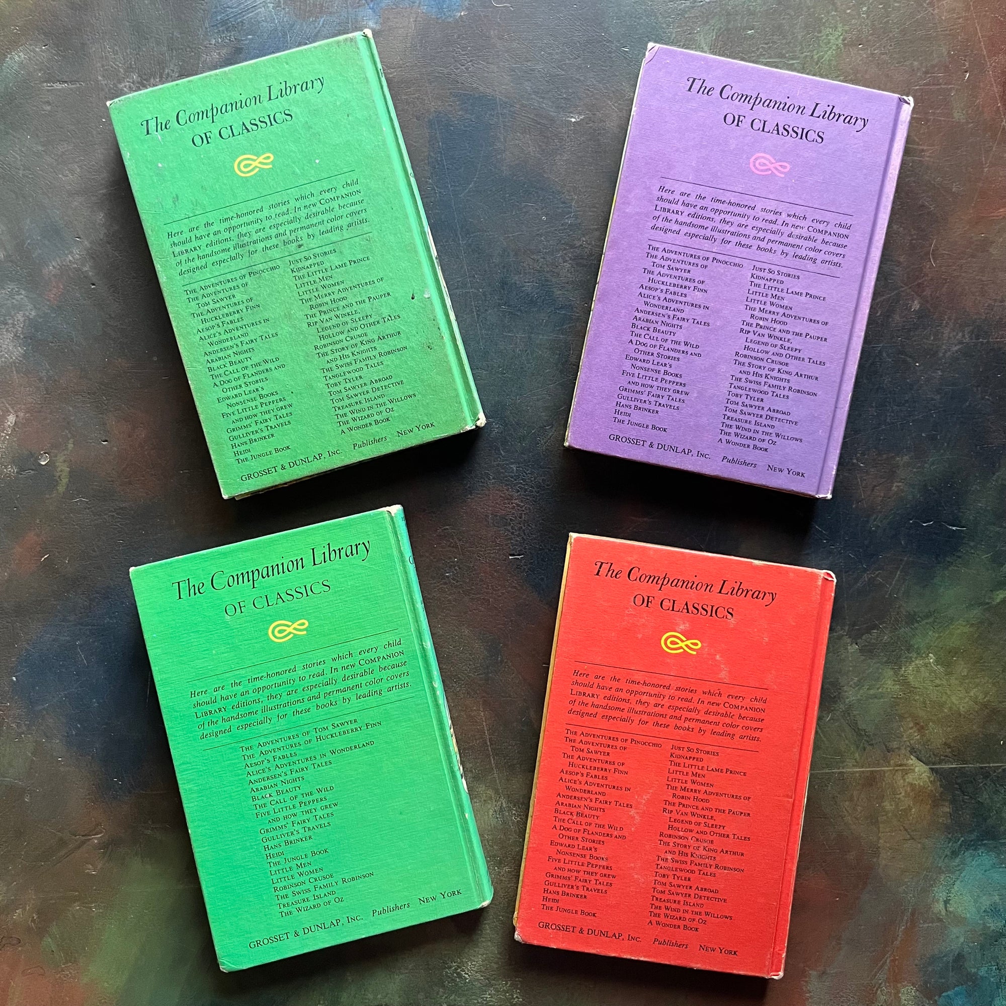 Companion Library Book Set-vintage children's classics books-Heidi, Aesop's Fables, Robinson Crusoe, and Gulliver's Travels-view of the back covers
