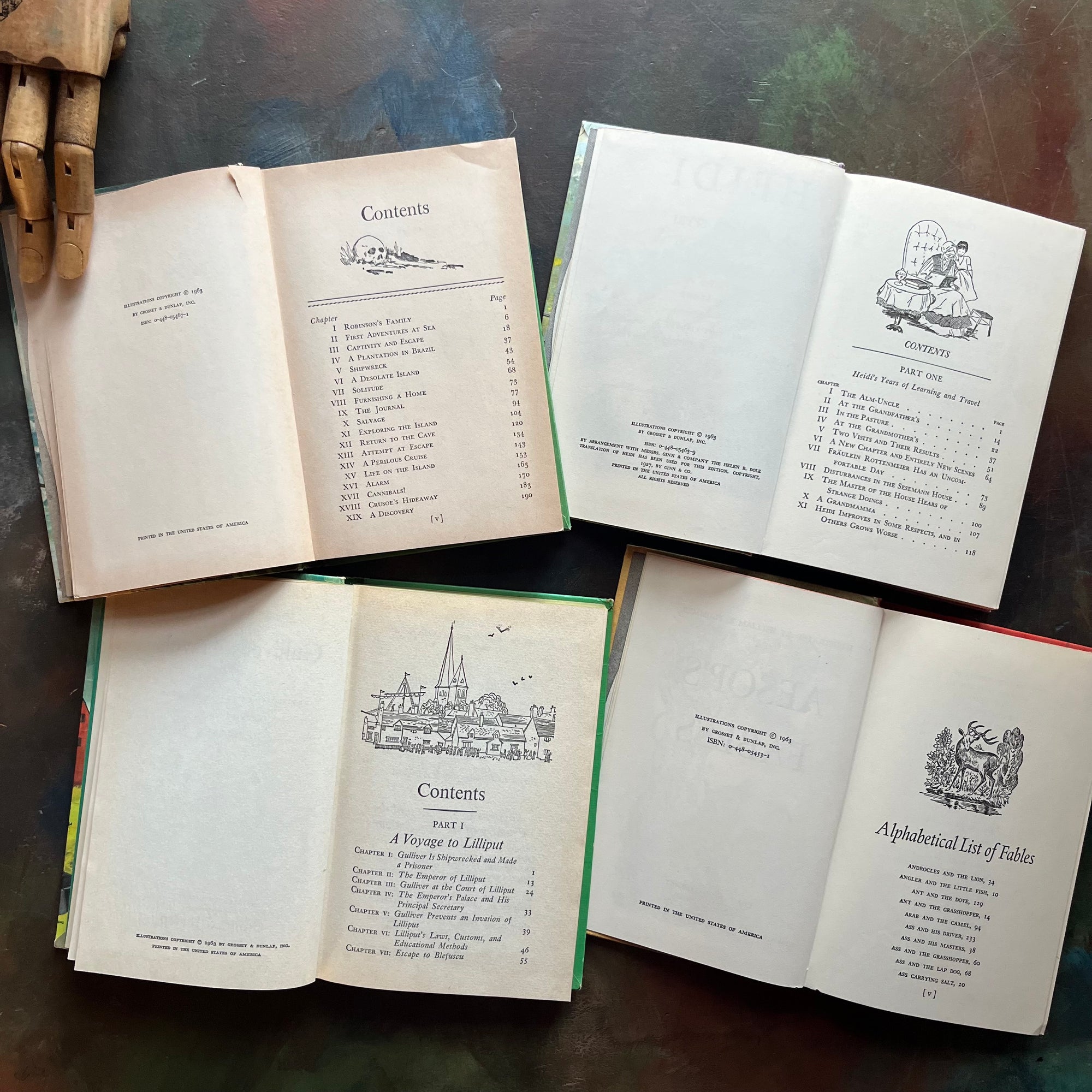 Companion Library Book Set-vintage children's classics books-Heidi, Aesop's Fables, Robinson Crusoe, and Gulliver's Travels-view of the contents and copyright pages