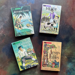 Companion Library Book Set-vintage children's classics books-Heidi, Aesop's Fables, Robinson Crusoe, and Gulliver's Travels-view of the front covers each depicting a scene from their perspective title