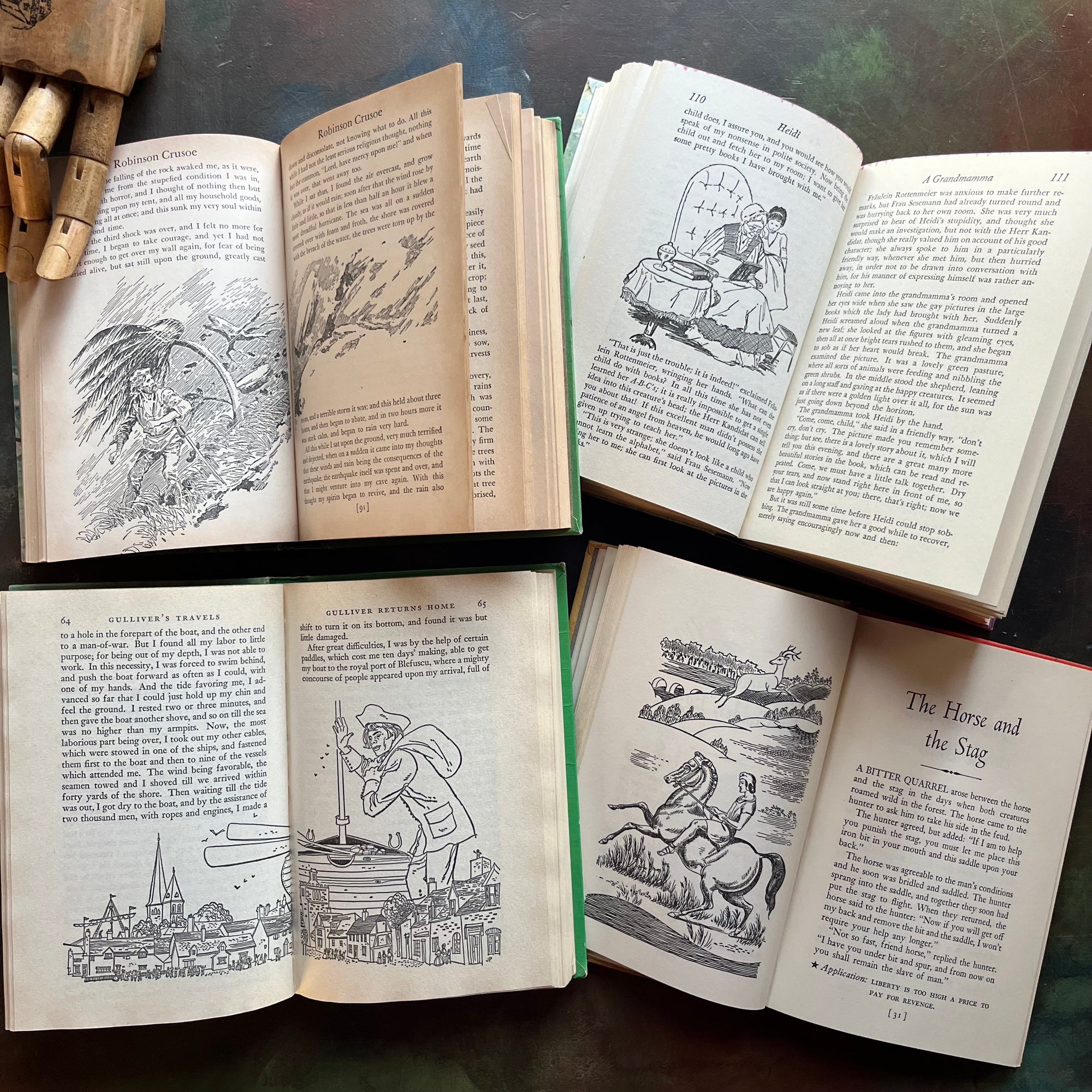 Companion Library Book Set-vintage children's classics books-Heidi, Aesop's Fables, Robinson Crusoe, and Gulliver's Travels-view of the illustrations