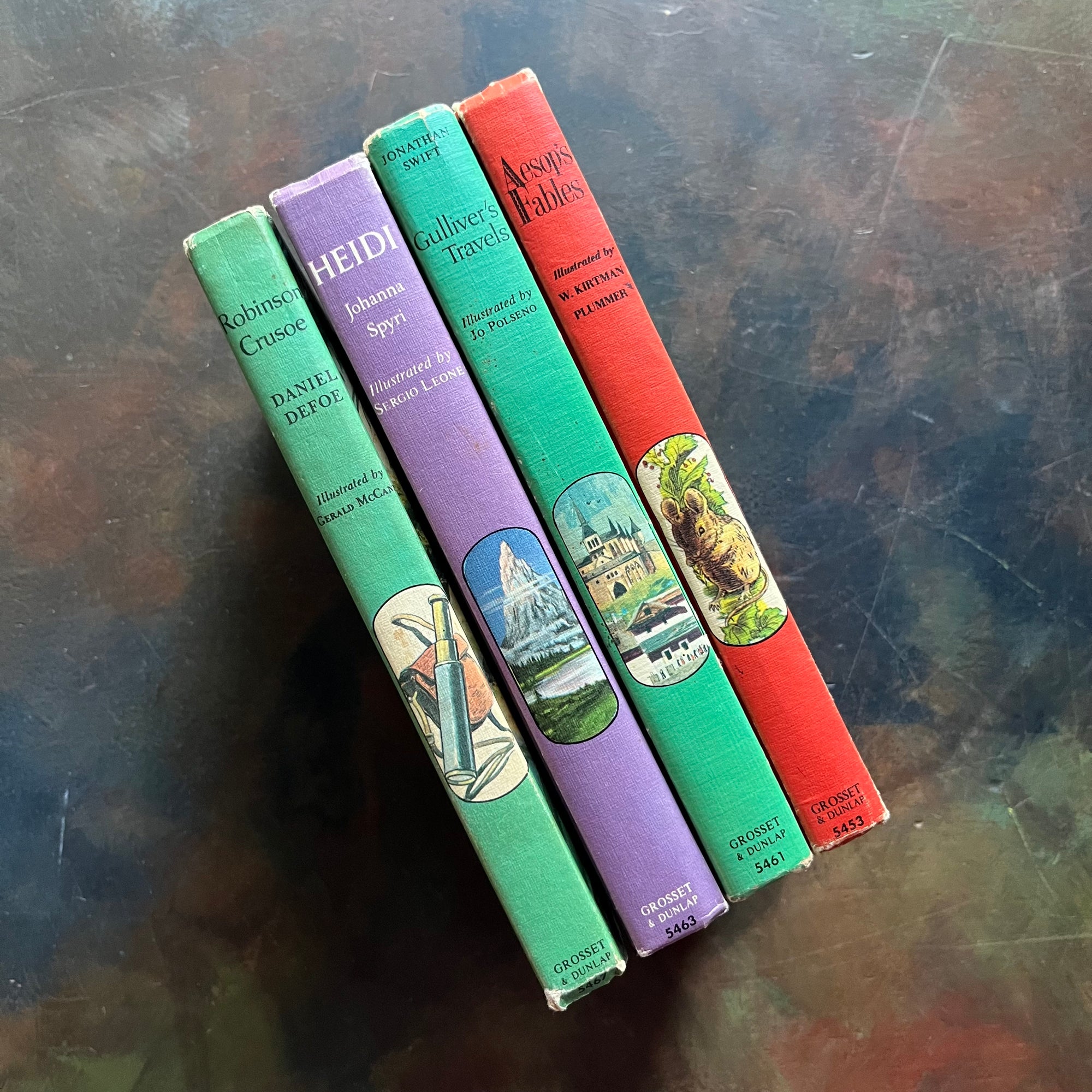 Companion Library Book Set-vintage children's classics books-Heidi, Aesop's Fables, Robinson Crusoe, and Gulliver's Travels-view of the spines