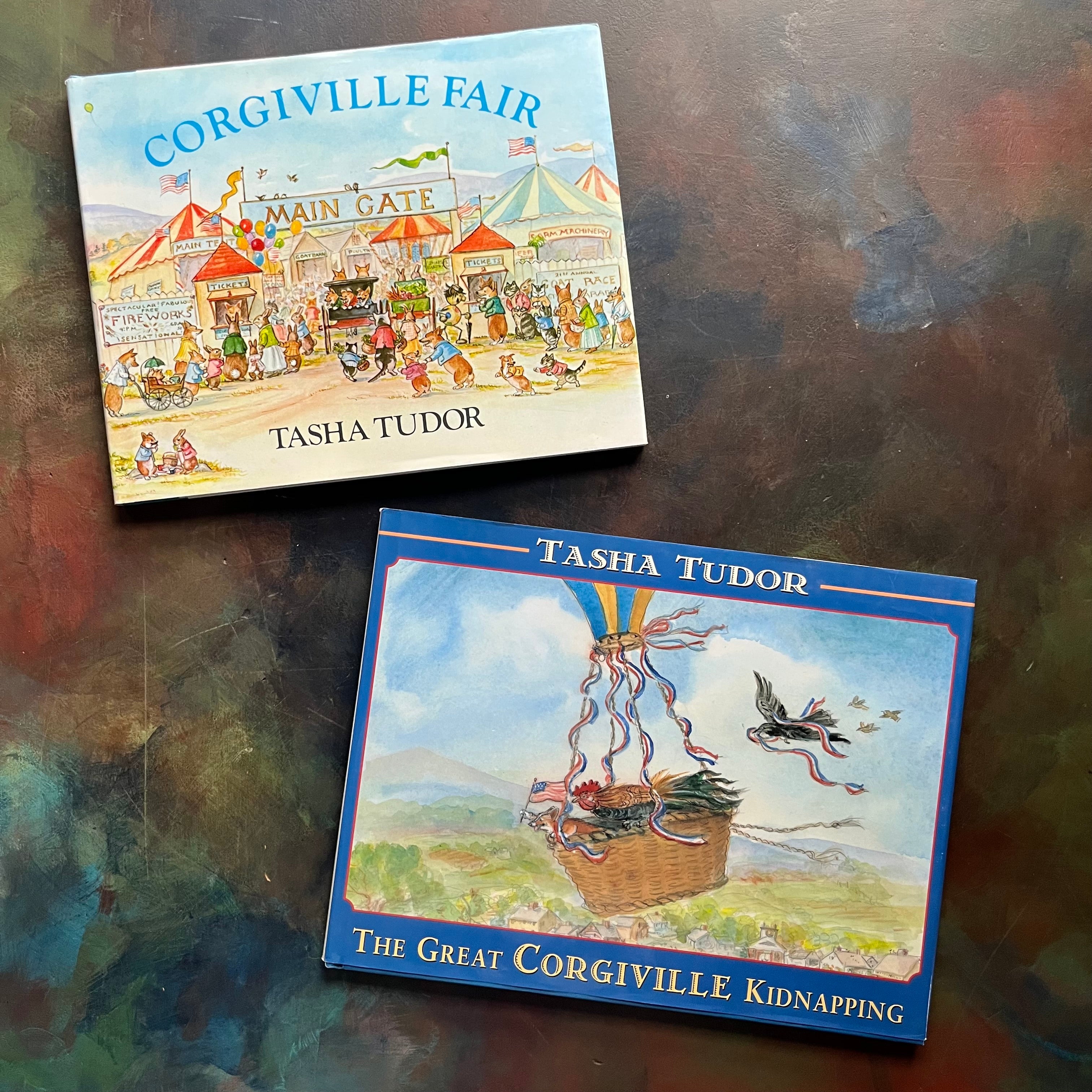 Corgiville Fair and The Great Corgiville Fair written and illustrated by Tasha Tudor-Picture Books-Corgi Dog Books for Children-vintage picture books-view of the front covers of the dust jacket's both depicting lovely illustrations by Tasha Tudor