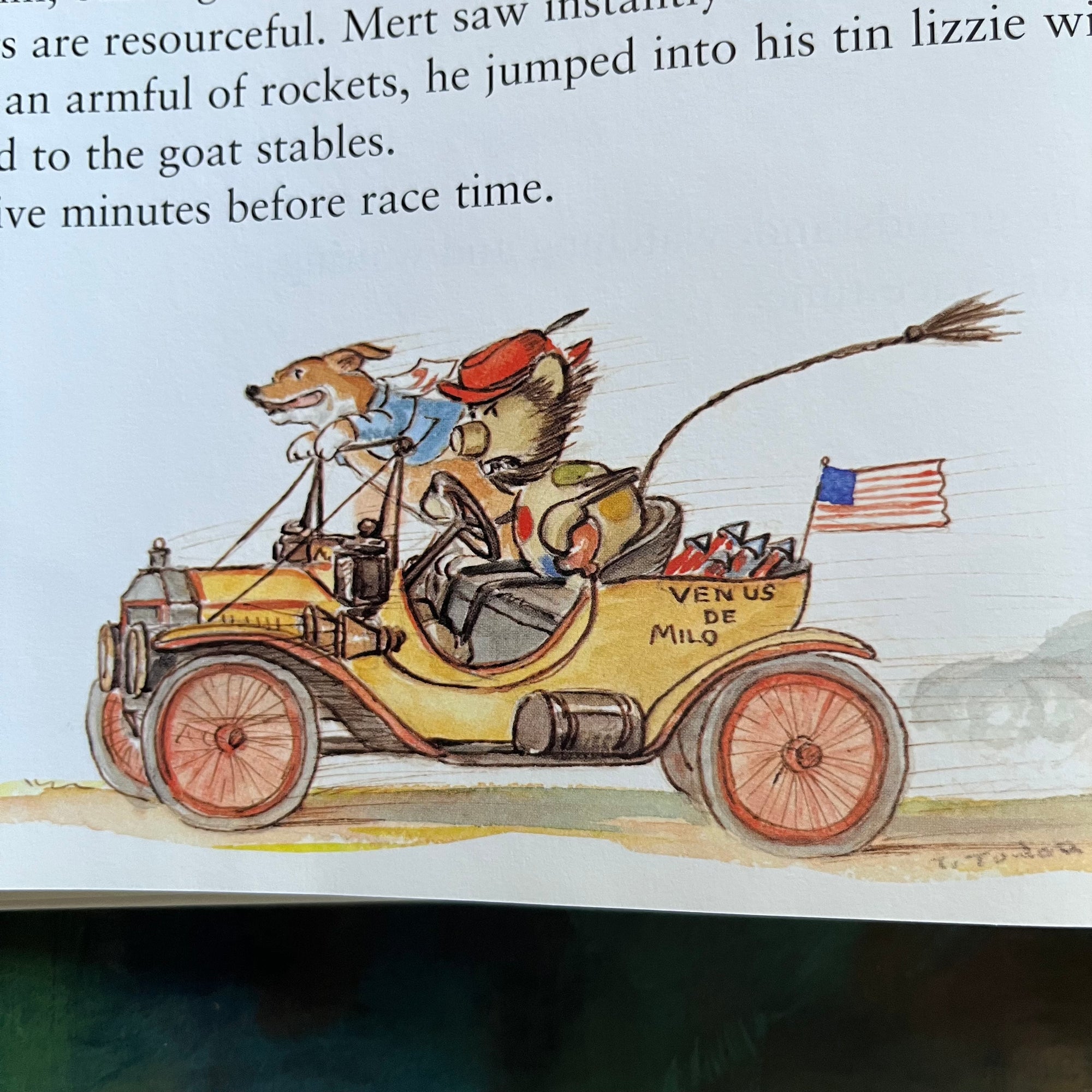 Corgiville Fair written and illustrated by Tasha Tudor-1971 First Edition-classic children's picture book-collector's edition-corgi dogs-view of a closeup of a sweet illustration of two dogs racing in an old fashioned car.